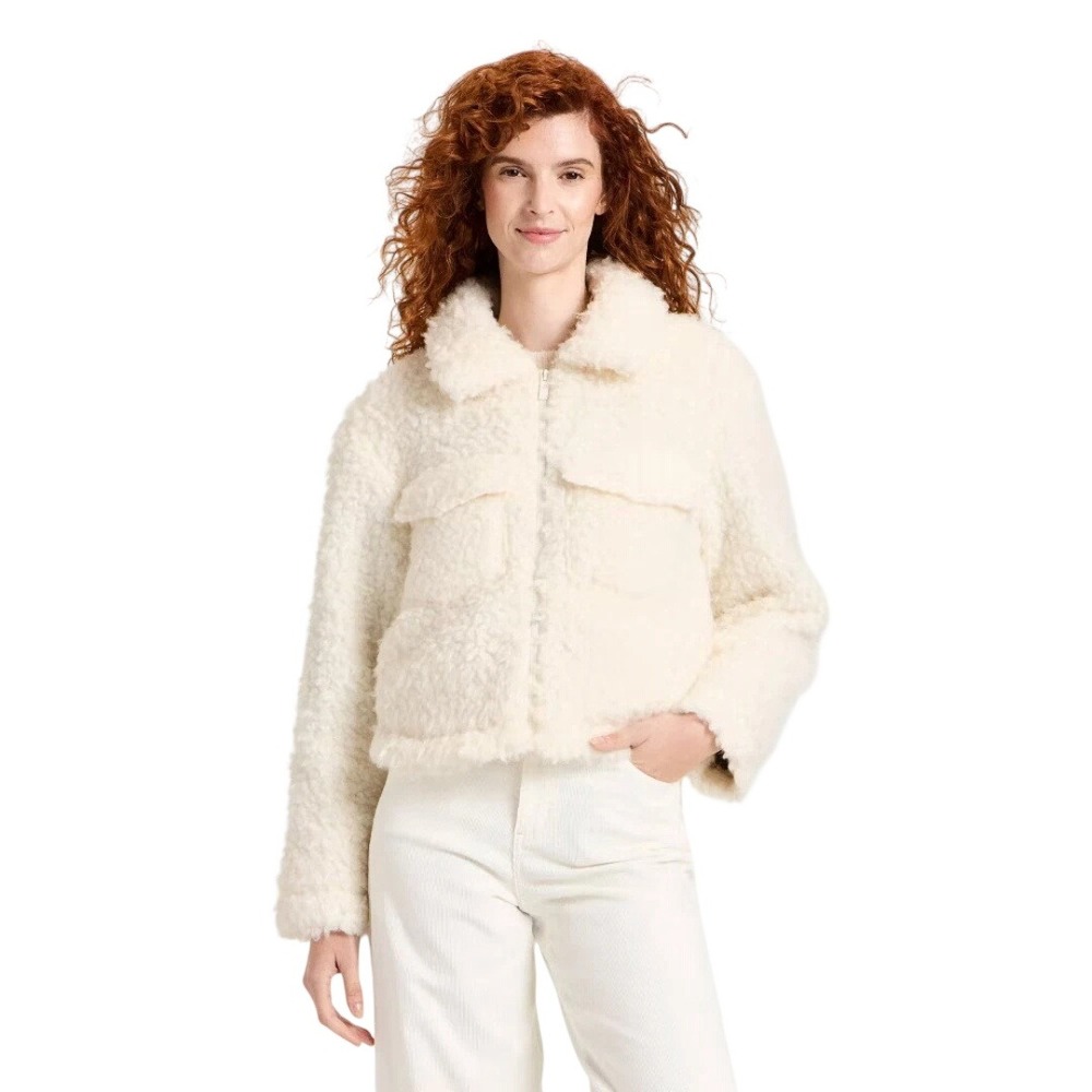 Universal Thread Women's Cream Faux Shearling Full Zip Jacket Size Medium